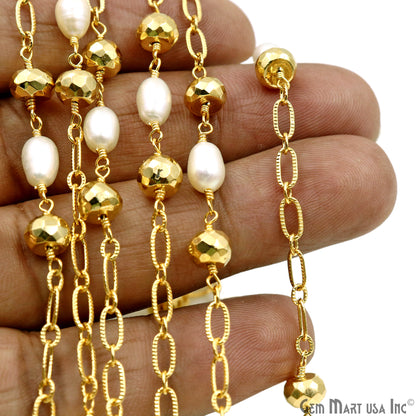 Golden Pyrite 6-7mm & Pearl Round Beads Gold Plated Finding Rosary Chain