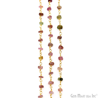 Multi Tourmaline Cabochon 3-3.5mm Gold Wire Wrapped Rosary Chain