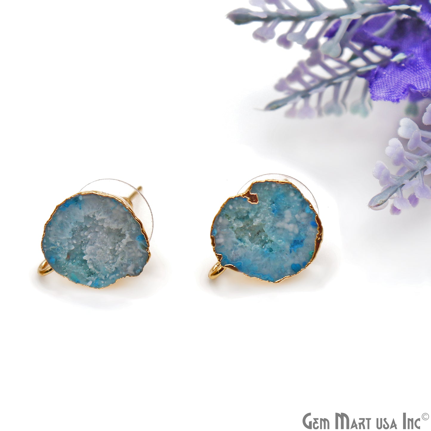 DIY Agate Slice Geode Druzy 17x13mm Gold Electroplated Loop Connector Studs Earrings - GemMartUSA