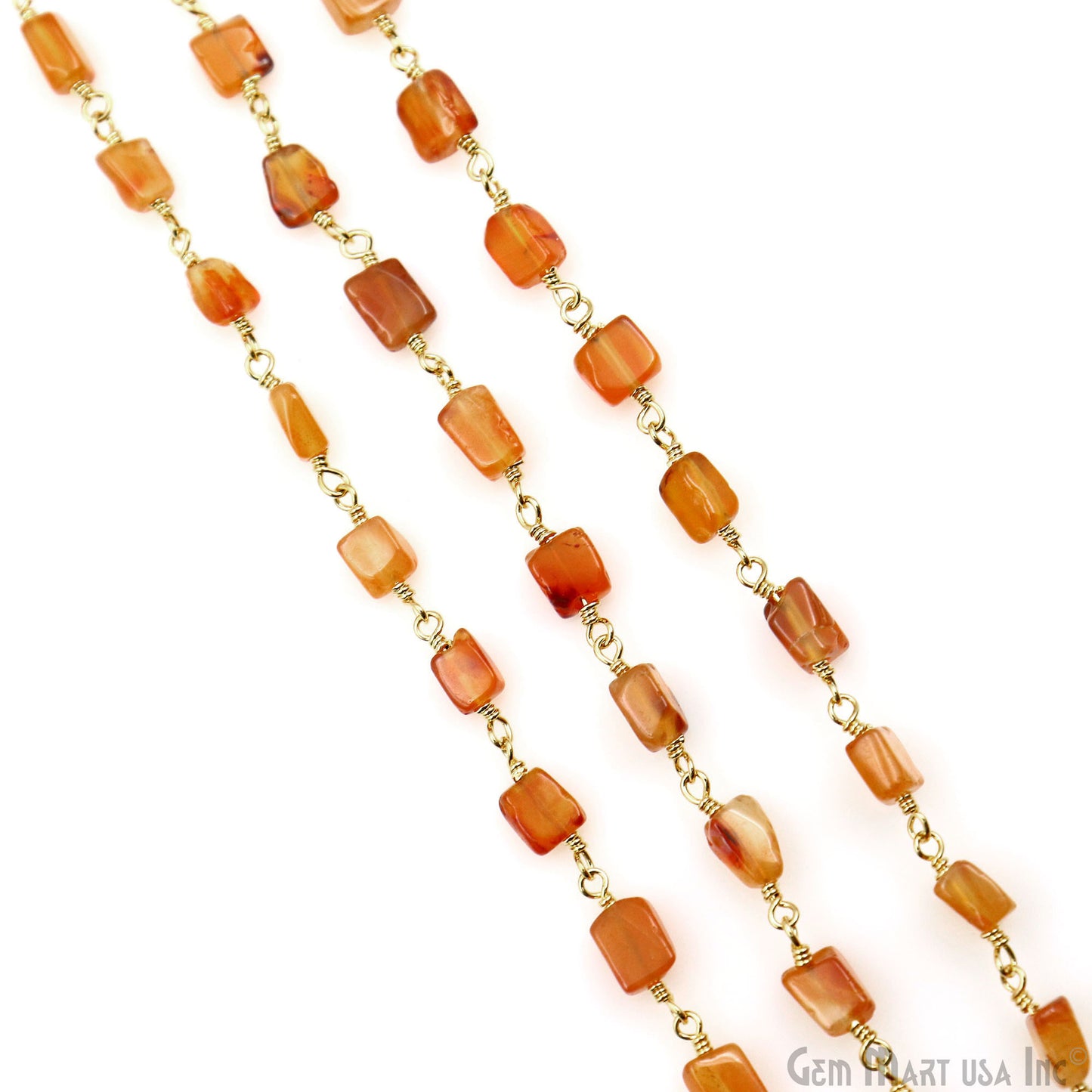 Carnelian Beads 8x5mm Gold Plated Wire Wrapped Beaded Rosary Chain