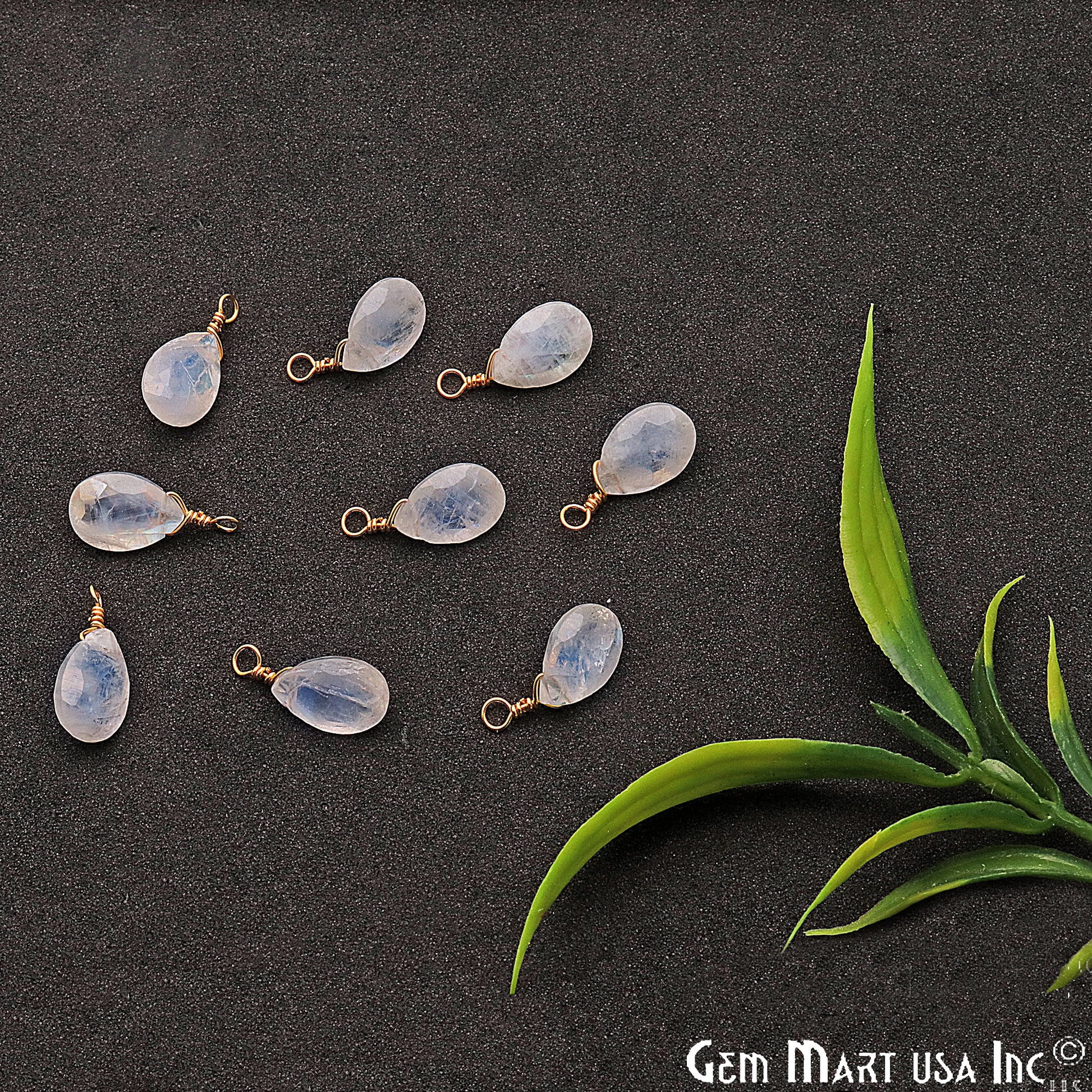 Rainbow Moonstone 7x10mm Pears Single Bail Gold Wire Wrapped Gemstone Connector - GemMartUSA