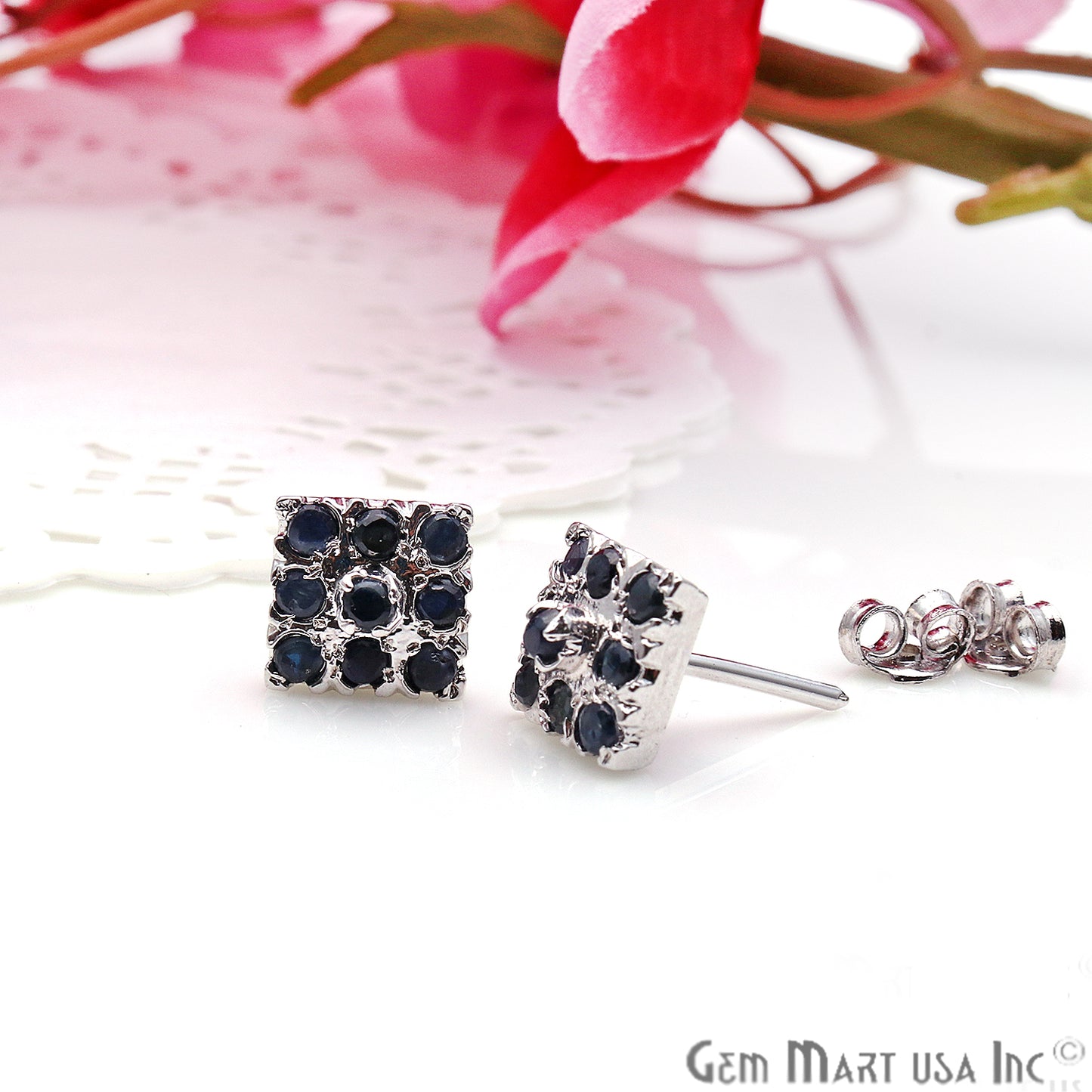 Black Sapphire 10mm Sterling Silver Square Shape Stud Earring - GemMartUSA