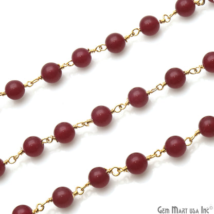 Ruby Cabochon Beads 6mm Gold Wire Wrapped Rosary Chain - GemMartUSA