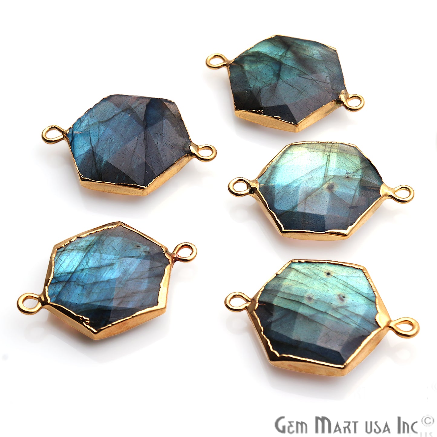 Labradorite Hexagon Shape 17x25mm Gold Electroplated Gemstone Connector - GemMartUSA
