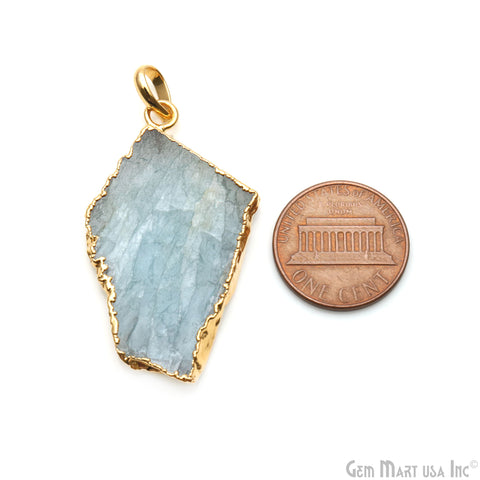 Aquamarine Free Form shape 40x23mm Gold Electroplated Gemstone Single Bail Pendant