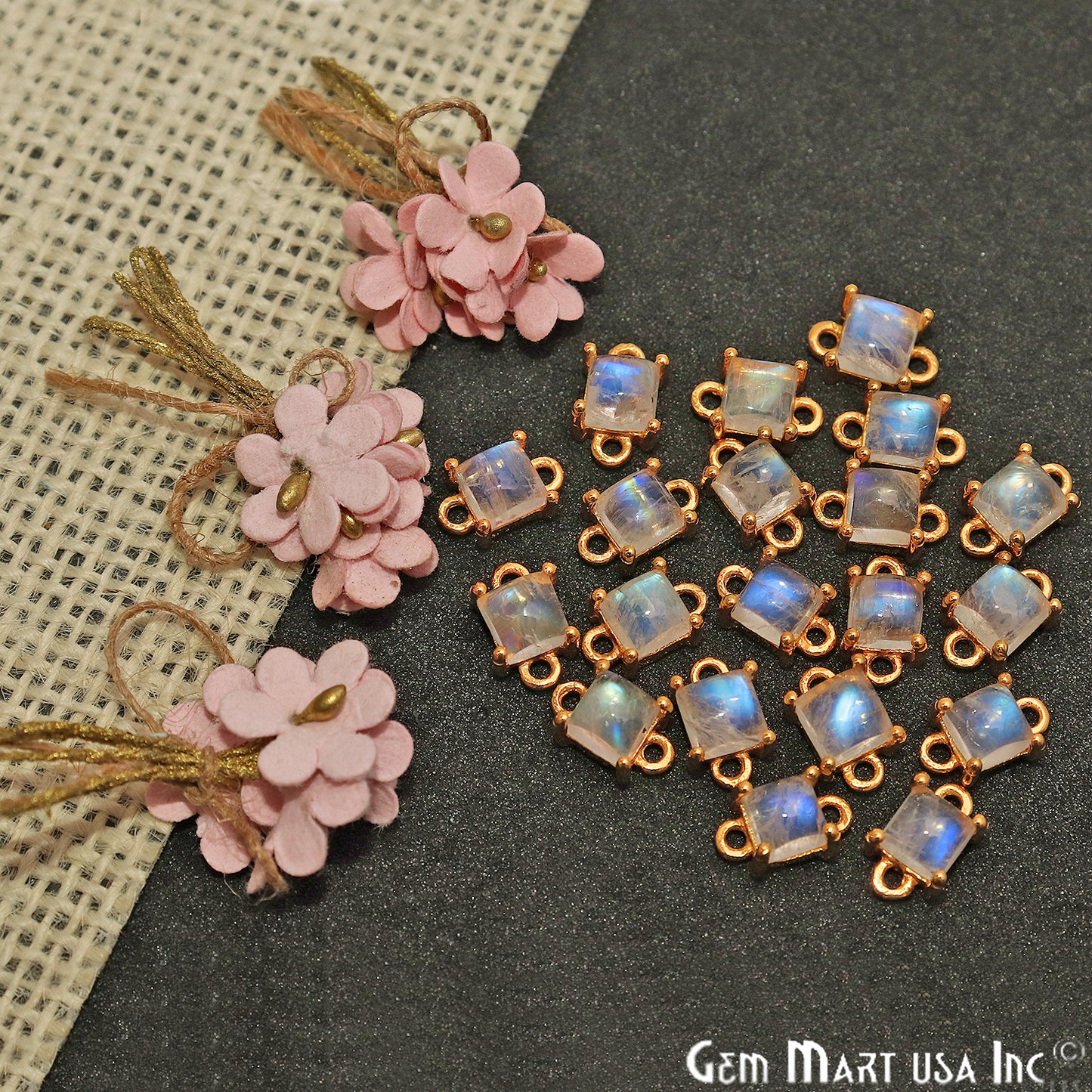 Rainbow Moonstone Cabochon Square Prong Gold Plated Bail Connector - GemMartUSA