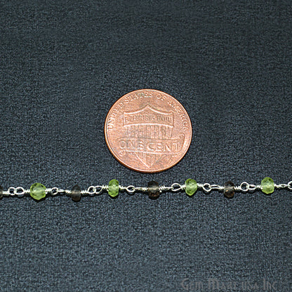 Smoky Topaz With Peridot 3-3.5mm, Silver Plated Wire Wrapped Rosary Chain