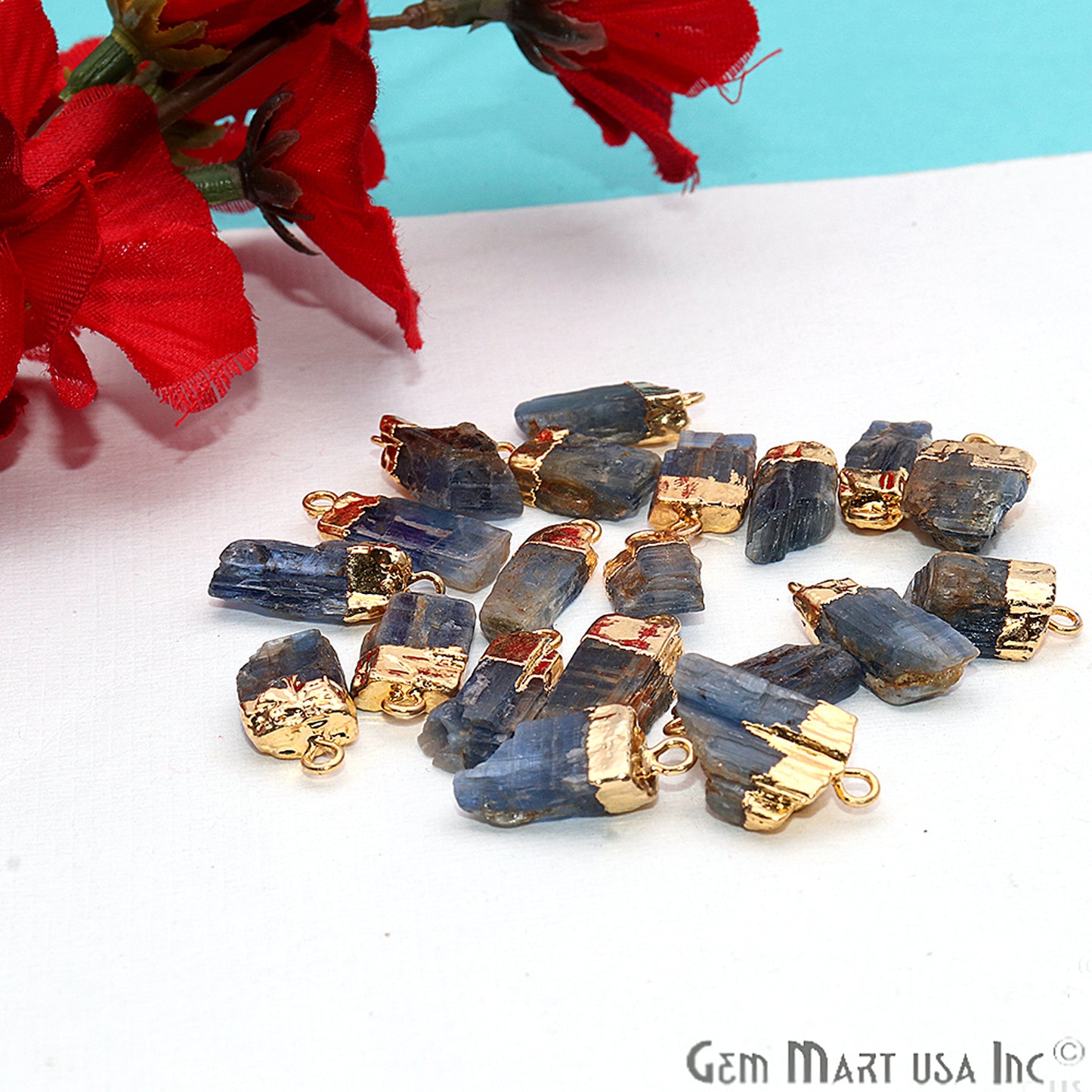 Rough Kyanite Gemstone 18x9mm Organic Gold Edged Single Bail Connector Charm - GemMartUSA