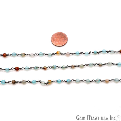 Blue Onyx Jade Faceted Beads Oxidized Plated Wire Wrapped Rosary Chain - GemMartUSA