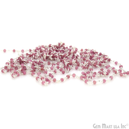 Pink Tourmaline Gemstone Silver Wire Wrapped Bead Rosary Chain