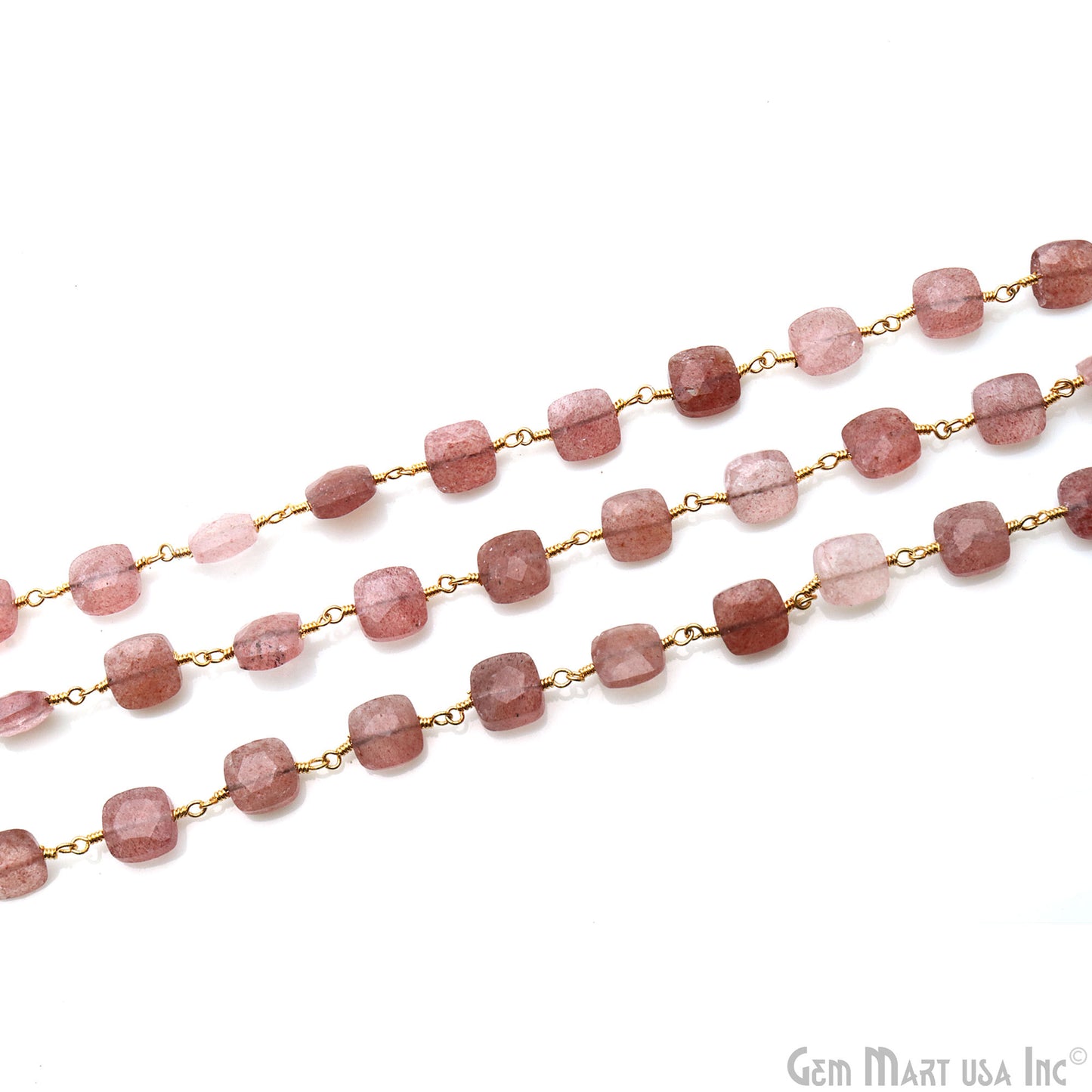 Strawberry Quartz 7-8mm Square Beads Gold Plated Rosary Chain