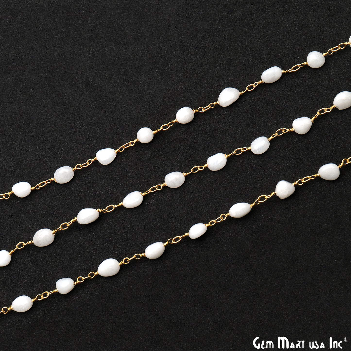 White Agate Tumble Beads 8x5mm Gold Wire Wrapped Rosary Chain