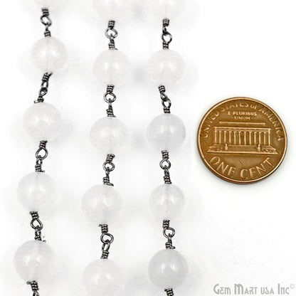 White jade Faceted Beads 8mm Oxidized Wire Wrapped Rosary Chain