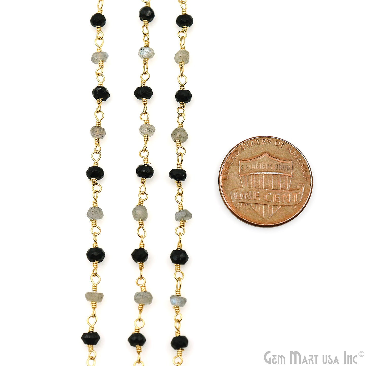 Black Spinel & Labradorite 3-3.5mm Gold Plated Faceted Beads Wire Wrapped Rosary Chain