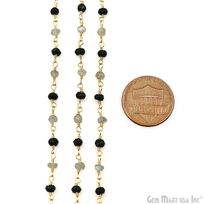 Black Spinel & Labradorite 3-3.5mm Gold Plated Faceted Beads Wire Wrapped Rosary Chain