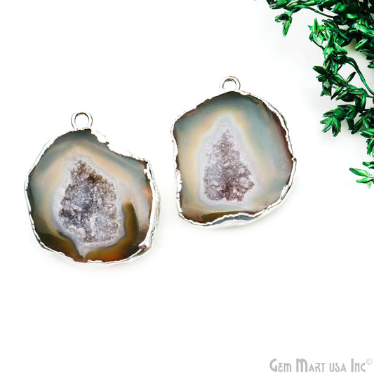 Geode Druzy 34x25mm Organic Silver Electroplated Single Bail Gemstone Earring Connector 1 Pair