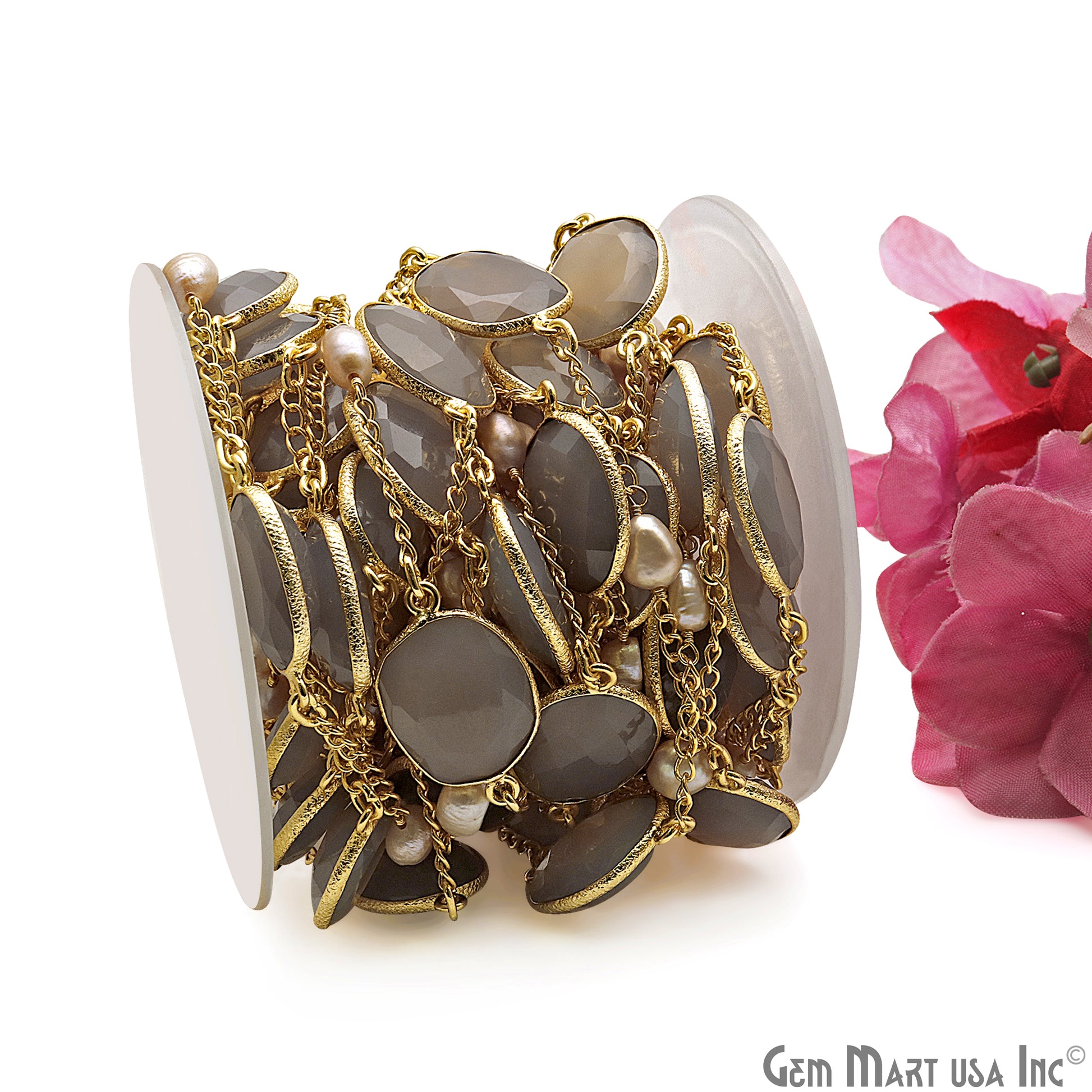 Smoky Chalcedony & Pearls Faceted Gold Plated Connector Chain - GemMartUSA