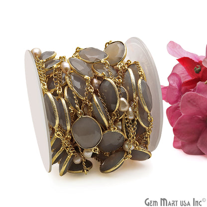 Smoky Chalcedony & Pearls Faceted Gold Plated Connector Chain - GemMartUSA