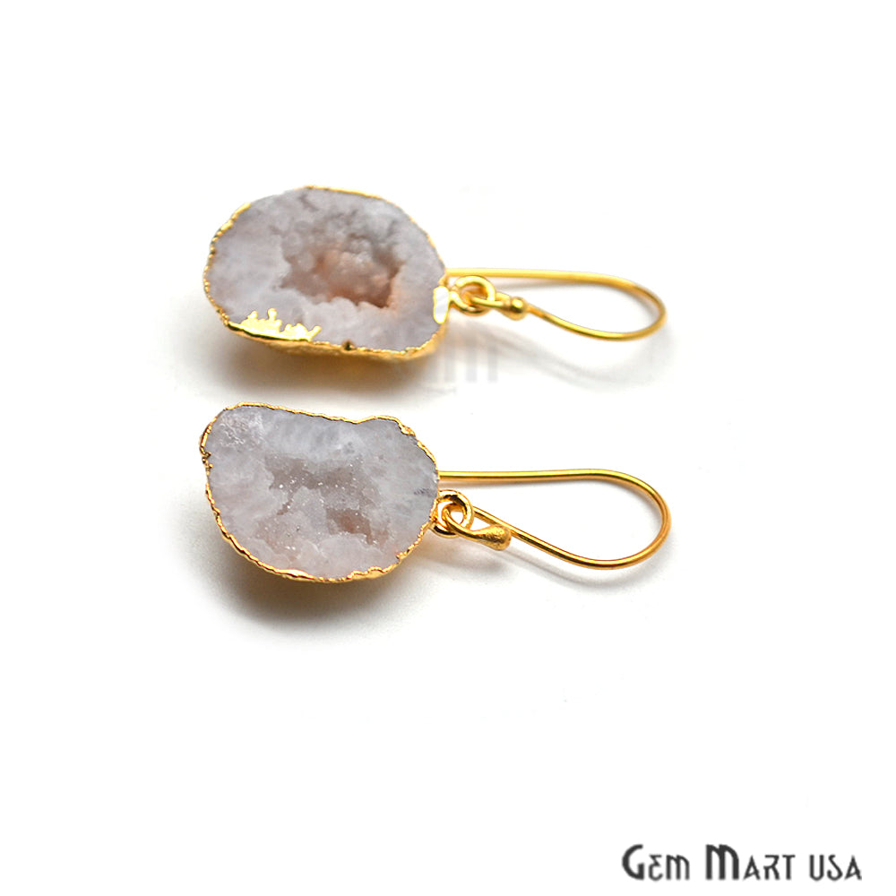 Geode Druzy Gemstone 24x15mm Gold Edge Dangle Hook Earrings - GemMartUSA