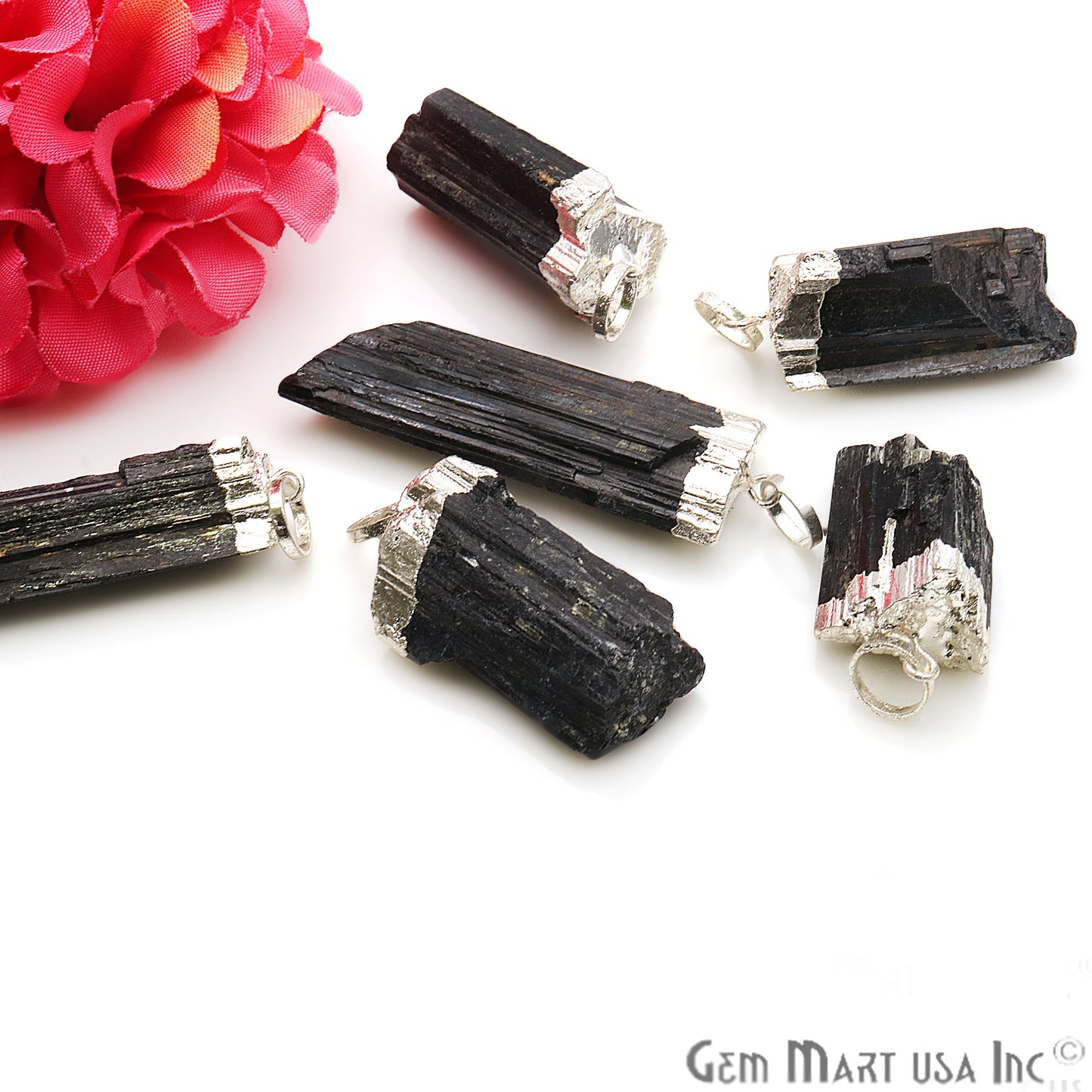 Black Tourmaline 53x16mm Free Form Silver Electroplated Single Bail Gemstone Connector - GemMartUSA