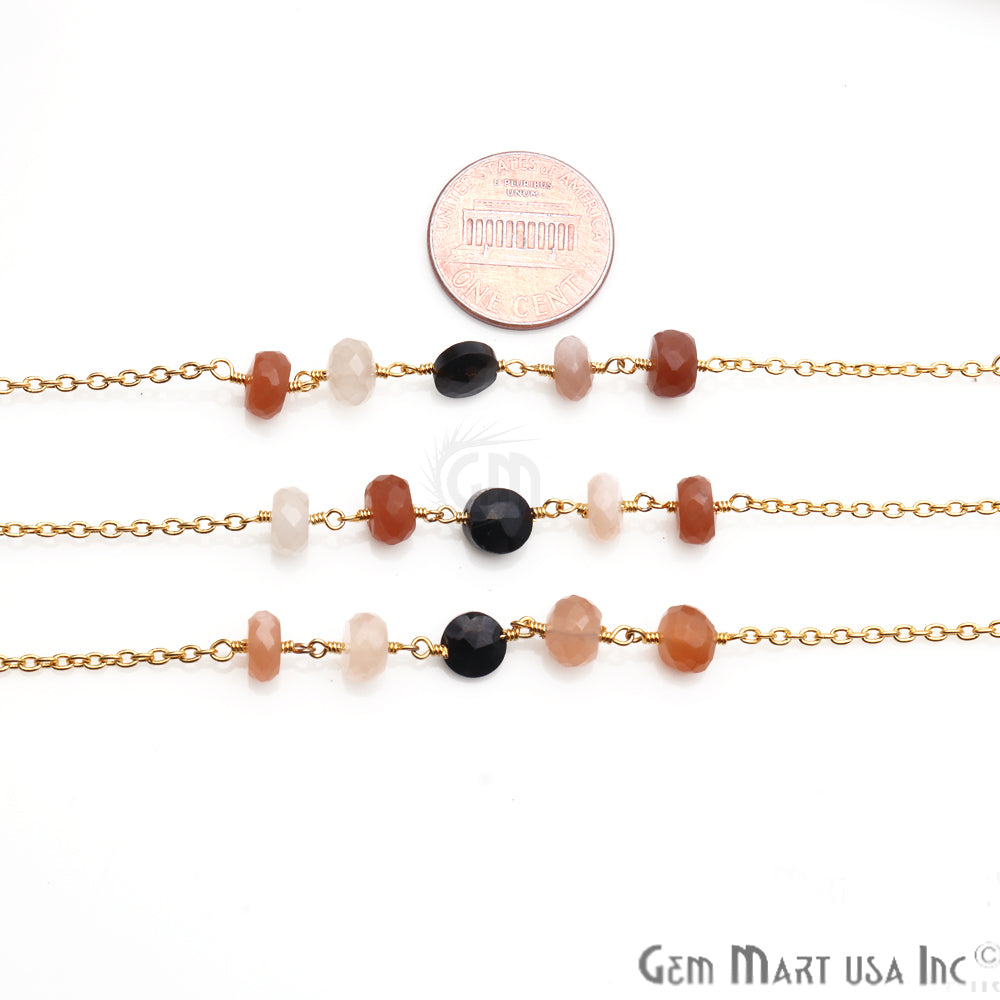 Black Spinel 6mm Sunstone 6-7mm Beaded Gold Plated Wire Wrapped Rosary Chain - GemMartUSA