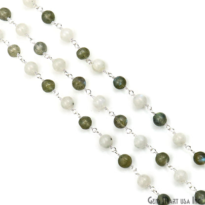 Labradorite & Rainbow Cabochon Beads 5-6mm Silver Plated Gemstone Rosary Chain