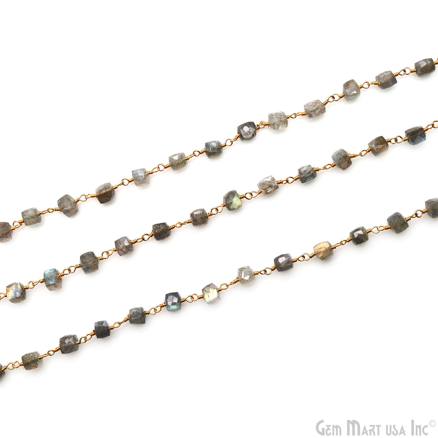 Labradorite Cube Faceted 4-5mm Gold Wire Wrapped Rosary Chain