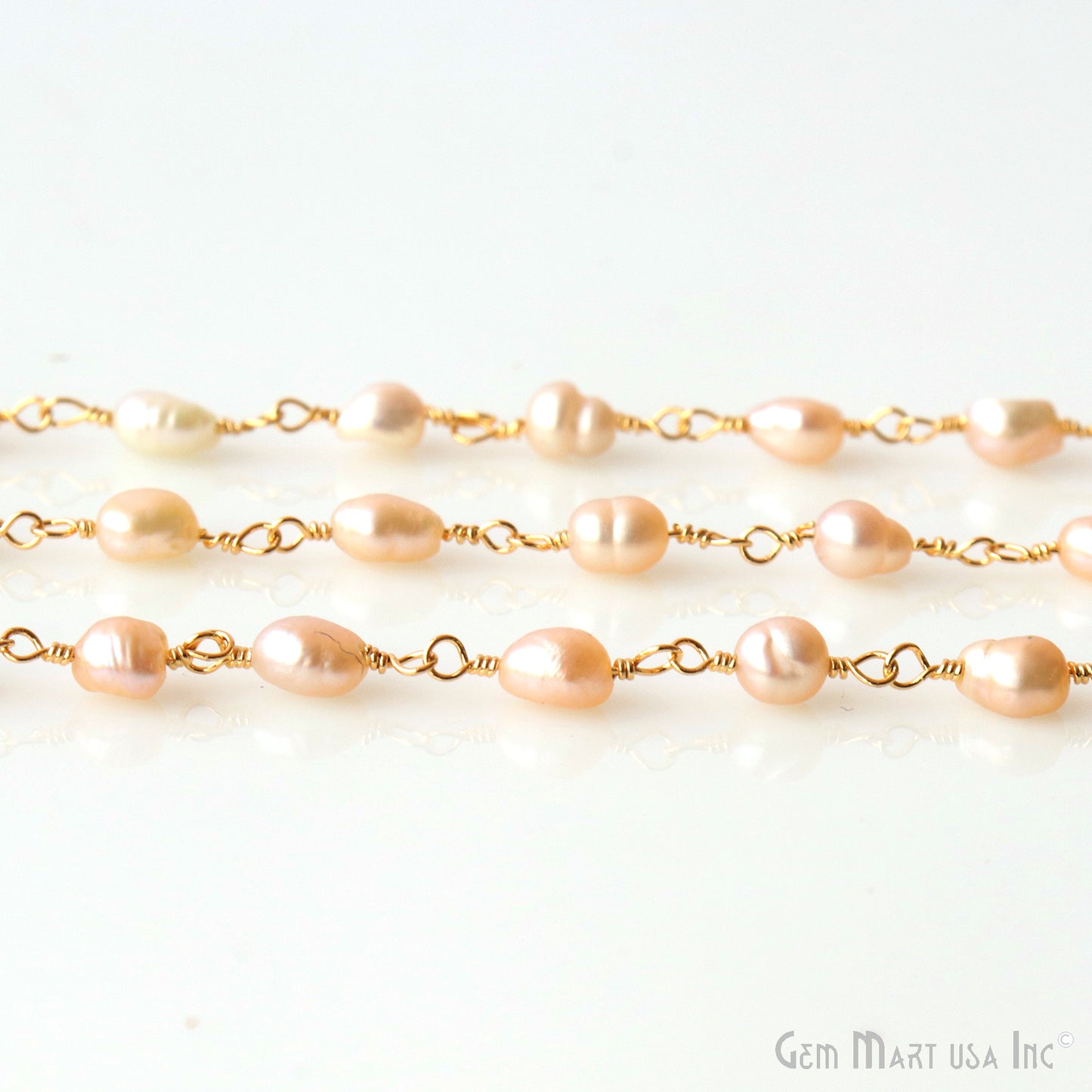 Pink Pearl Oval 5x4mm Gold Plated Beaded Wire Wrapped Rosary Chain