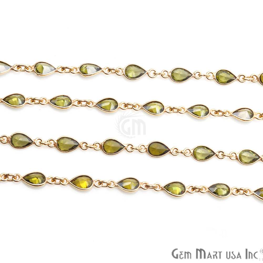Olive Green 6x4mm Pear Shape Gold Plated Continuous Connector Chain - GemMartUSA