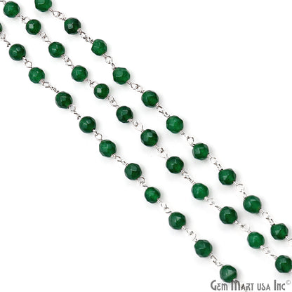 Green Jade Faceted Round 4mm Beads Silver Plated Wire Wrapped Rosary Chain