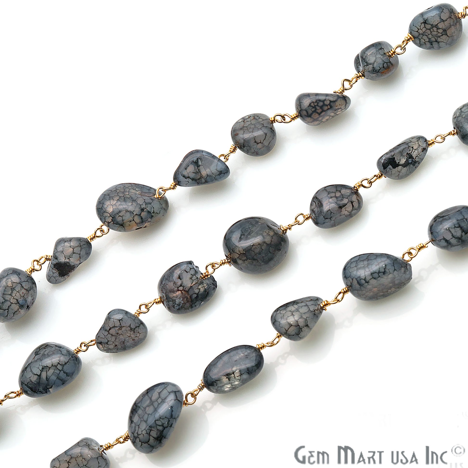 Black Crackle Quartz Tumble Beads Gold Plated Wire Wrapped Rosary Chain - GemMartUSA