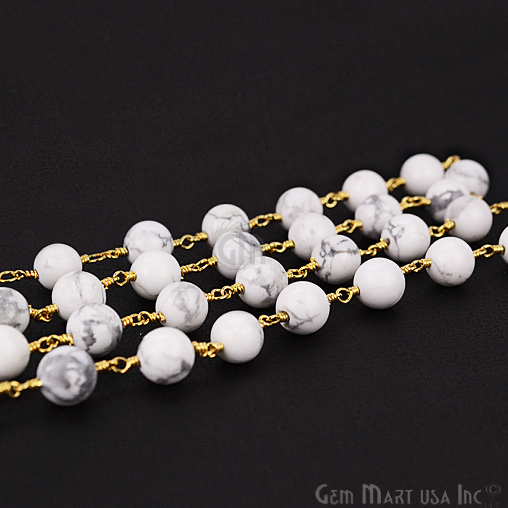 Howlite Jade Faceted Beads 8mm Gold Plated Wire Wrapped Rosary Chain - GemMartUSA