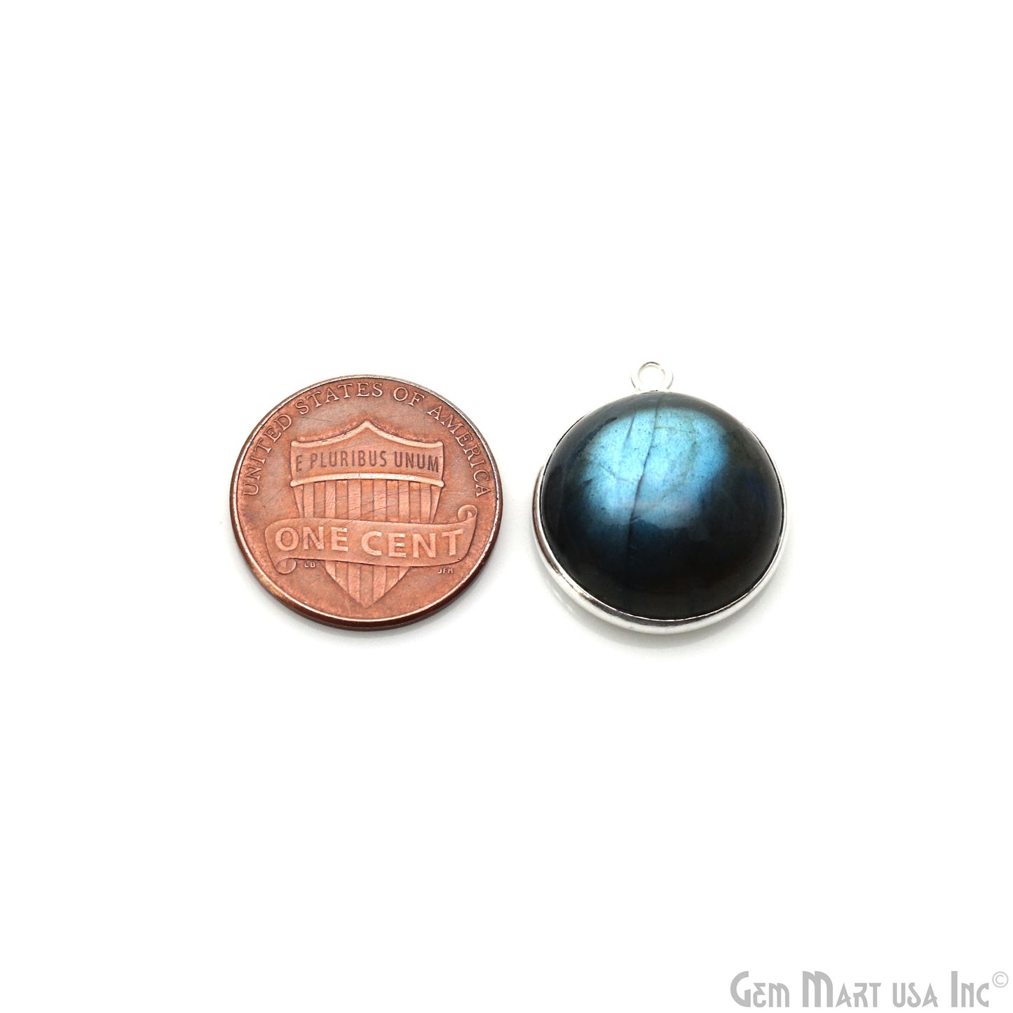 Flashy Labradorite Cabochon 17mm Round Single Bail Silver Plated Gemstone Connector