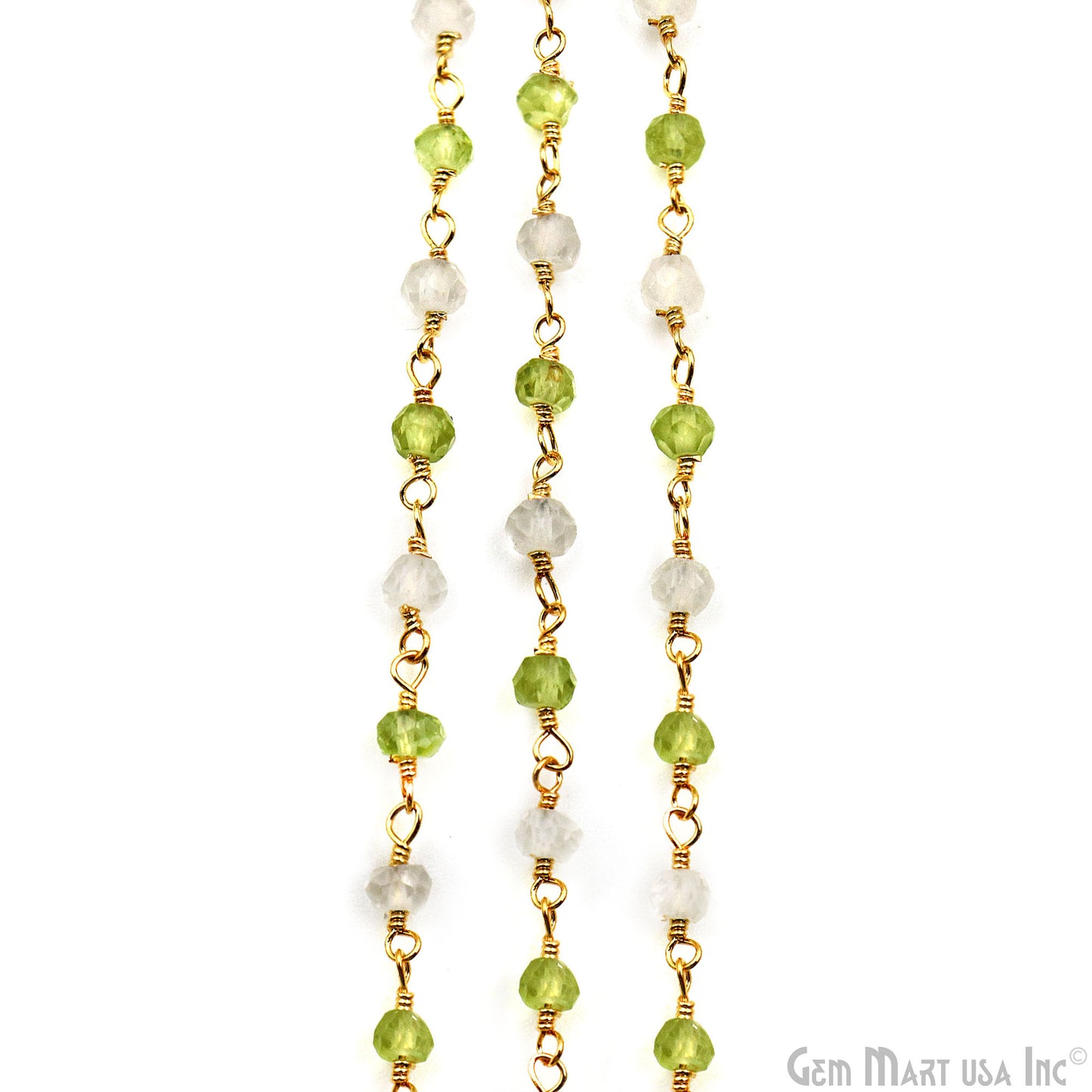 Rainbow Moonstone With Peridot 3-3.5mm Gold Plated Wire Wrapped Rosary Chain