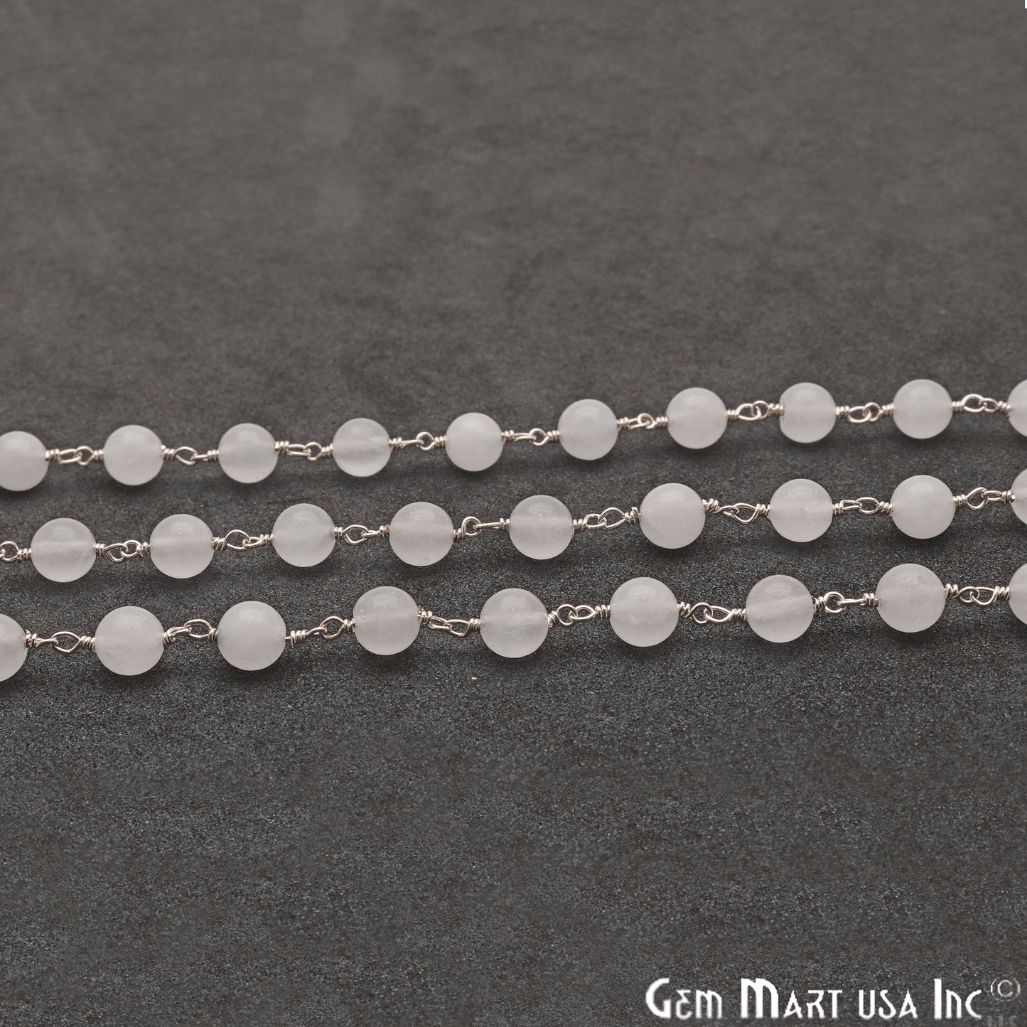 White Jade Smooth Beads 6mm Silver Plated Wire Wrapped Rosary Chain - GemMartUSA