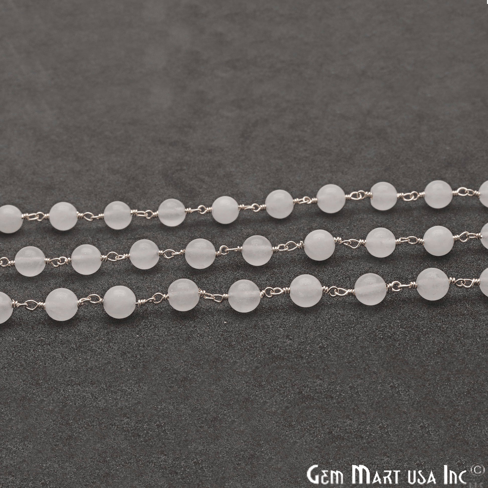 White Jade Smooth Beads 6mm Silver Plated Wire Wrapped Rosary Chain - GemMartUSA