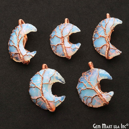 Opalite Moon Shape 42x16mm Rose Gold Wire Wrapped Pendant