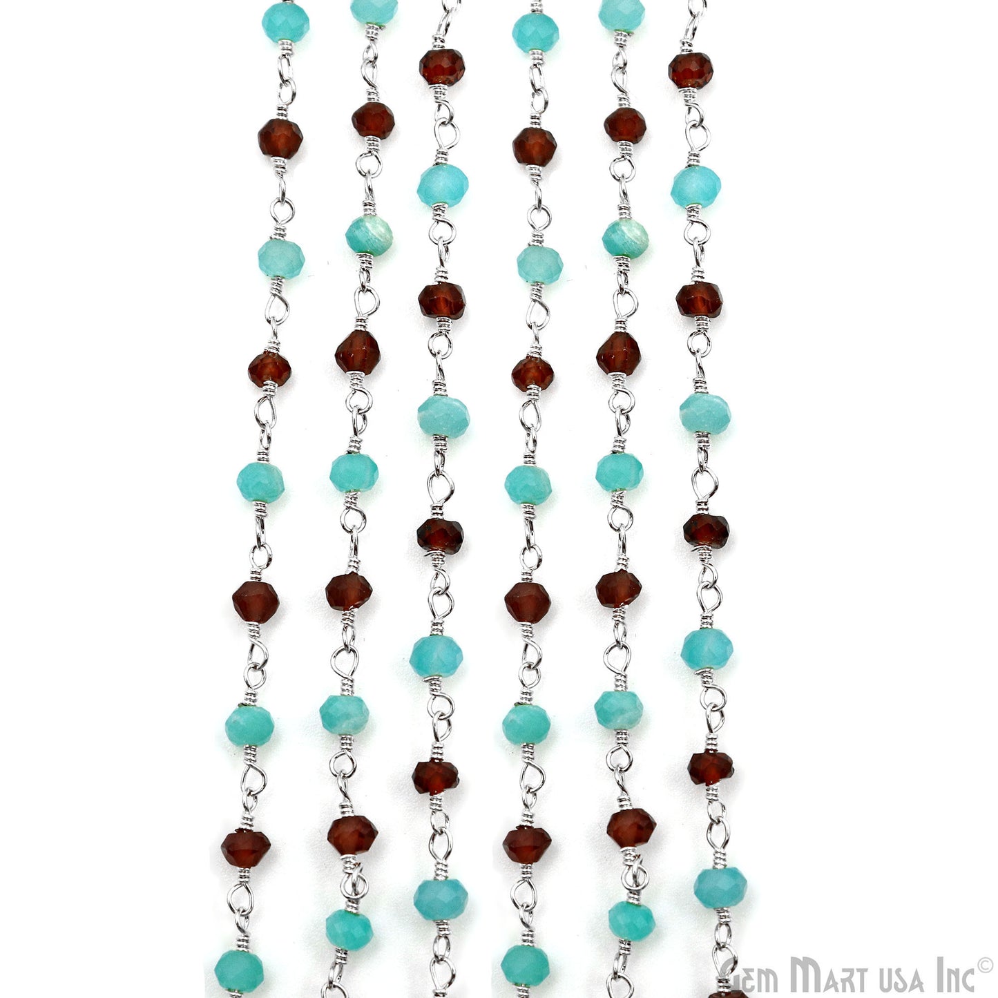 Garnet & Amazonite Beads 3-3.5mm Silver Plated Wire Wrapped Rosary Chain