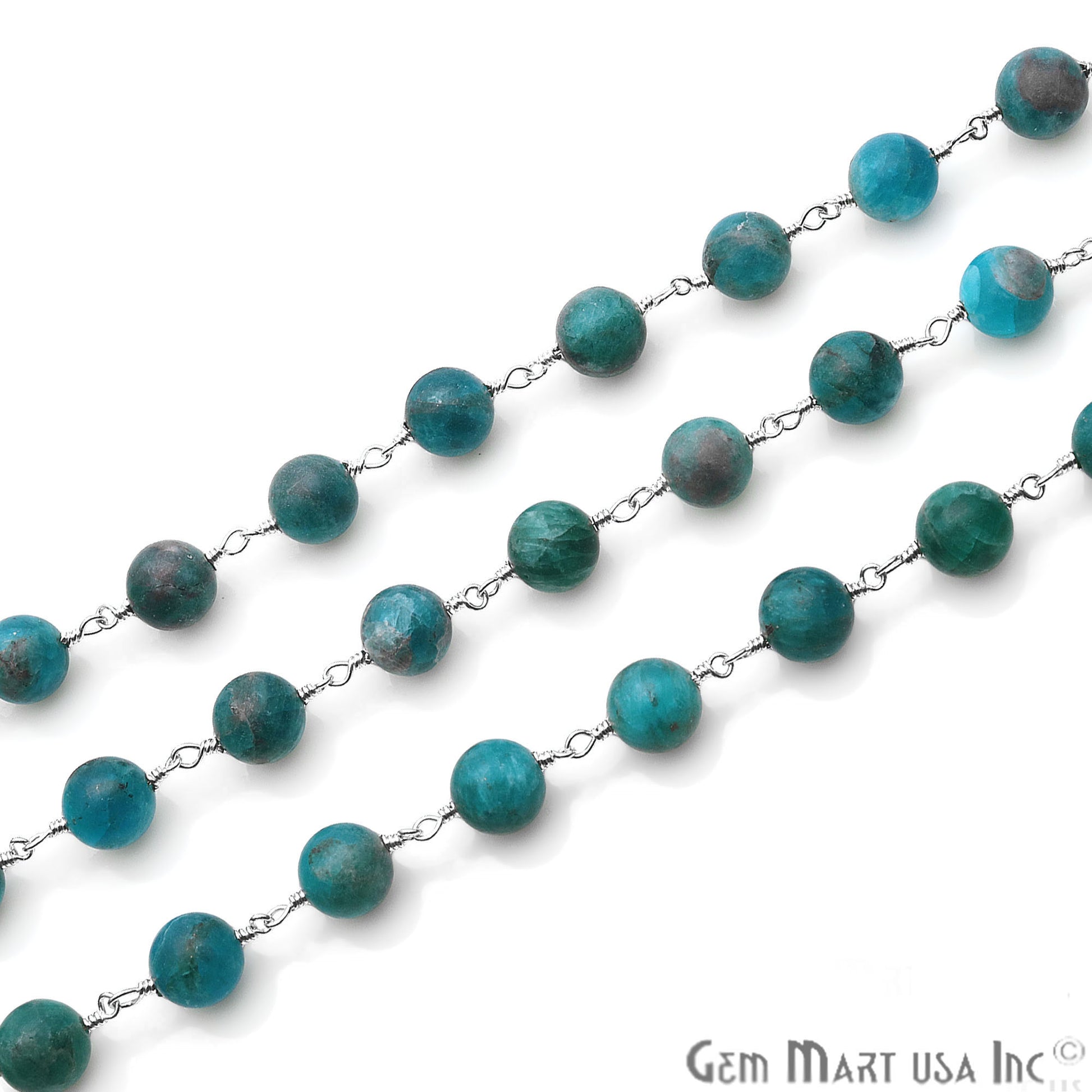 Neon Apatite Smooth Beads 8mm Silver Plated Wire Wrapped Gemstone Rosary Chain - GemMartUSA