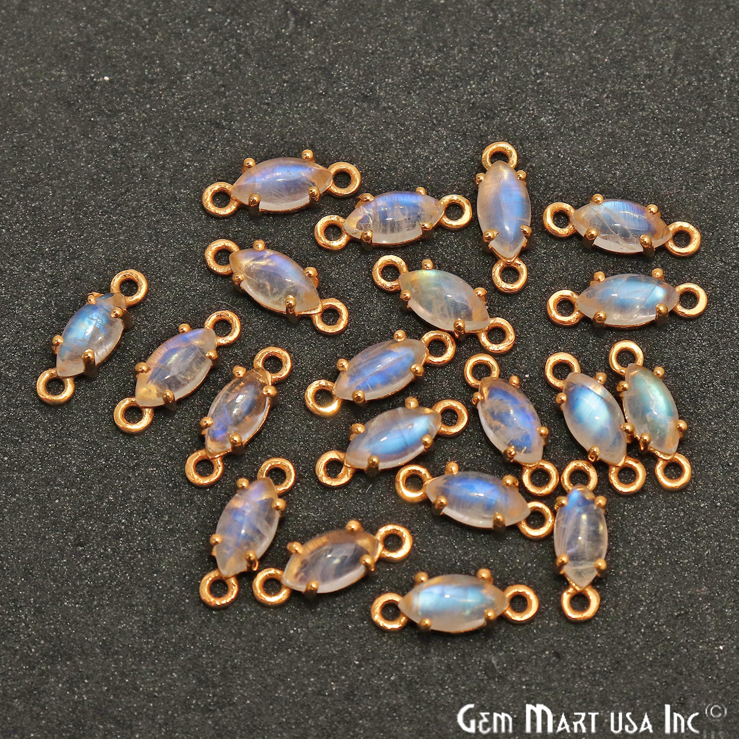 Rainbow Moonstone Cabochon Marquise Prong Gold Plated Bail Connector - GemMartUSA