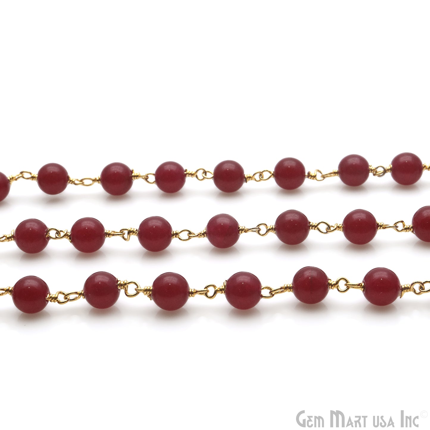 Ruby Cabochon Beads 6mm Gold Wire Wrapped Rosary Chain - GemMartUSA