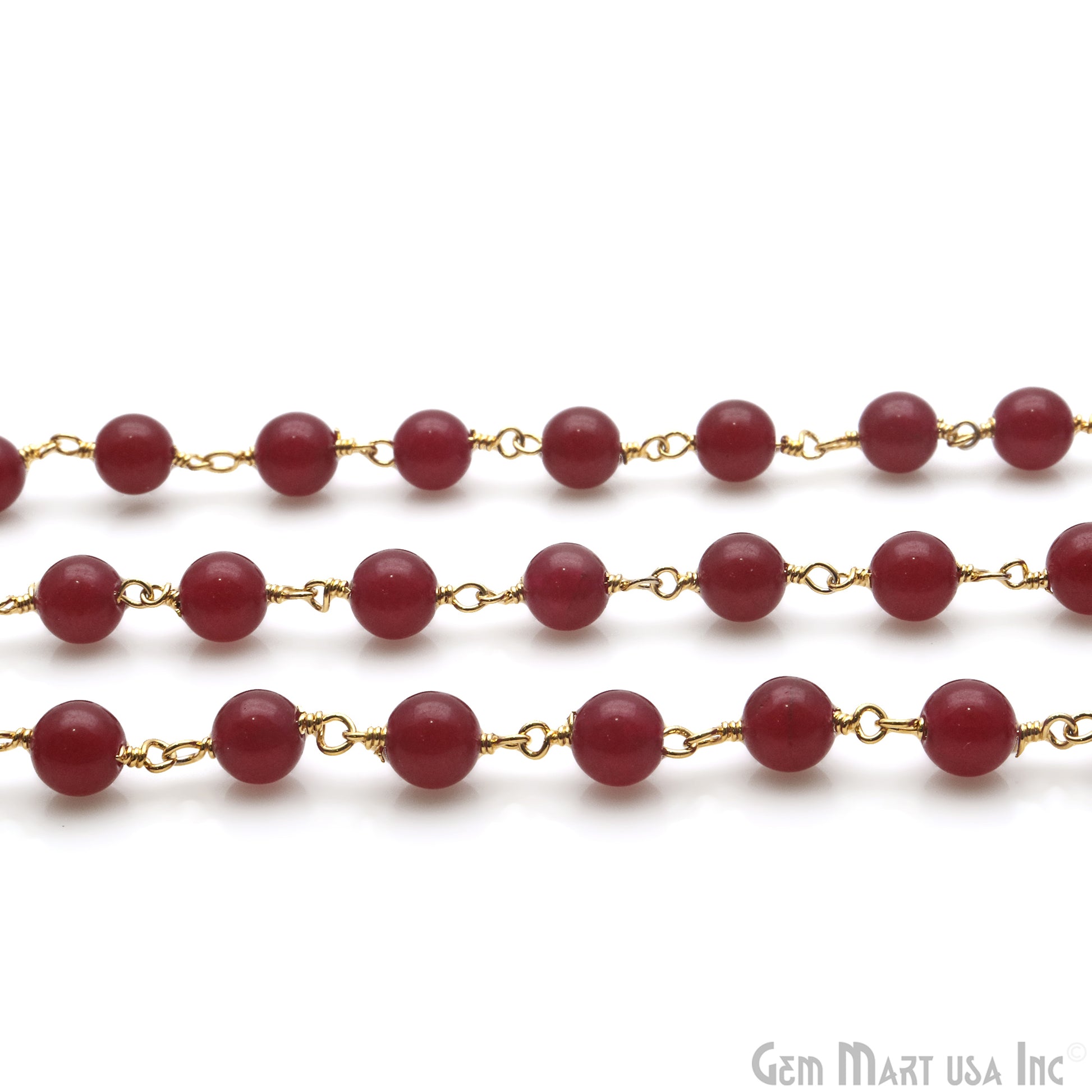 Ruby Cabochon Beads 6mm Gold Wire Wrapped Rosary Chain - GemMartUSA