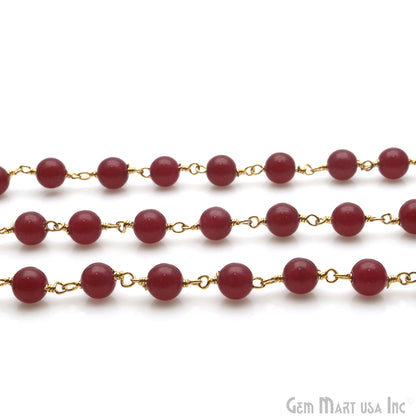 Ruby Cabochon Beads 6mm Gold Wire Wrapped Rosary Chain - GemMartUSA