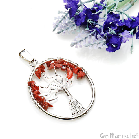 Tree of Life Red Jasper Oval Silver Wire Wrapped 46x35mm Chakra Pendant