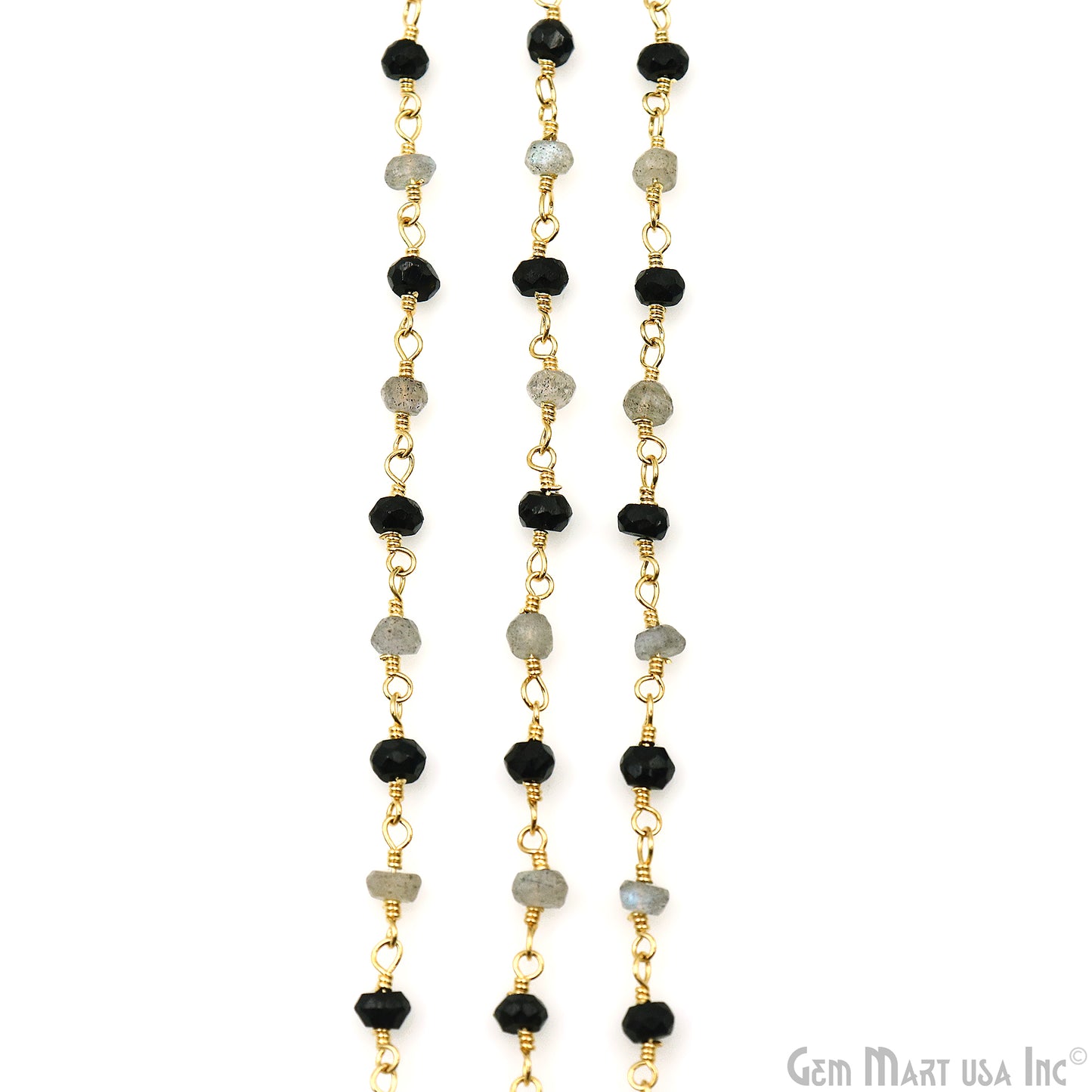 Black Spinel & Labradorite 3-3.5mm Gold Plated Faceted Beads Wire Wrapped Rosary Chain