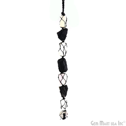 Selenite & Black Tourmaline Tumbled Gemstone Macrame Car/ Wall Crystal Hanging 11 Inch