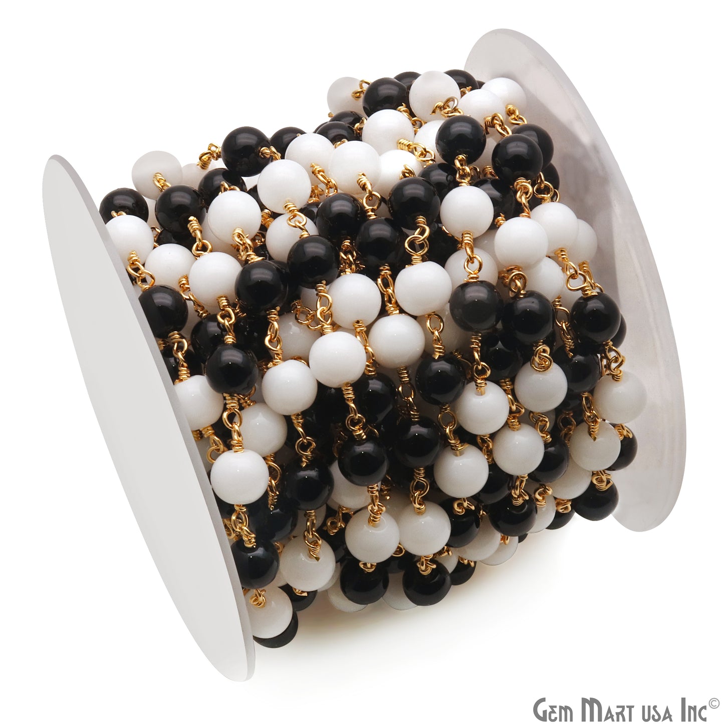 Black Spinel & White Agate Cabochon Beads 6mm Gold Wire Wrapped Rosary Chain - GemMartUSA