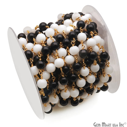 Black Spinel & White Agate Cabochon Beads 6mm Gold Wire Wrapped Rosary Chain - GemMartUSA