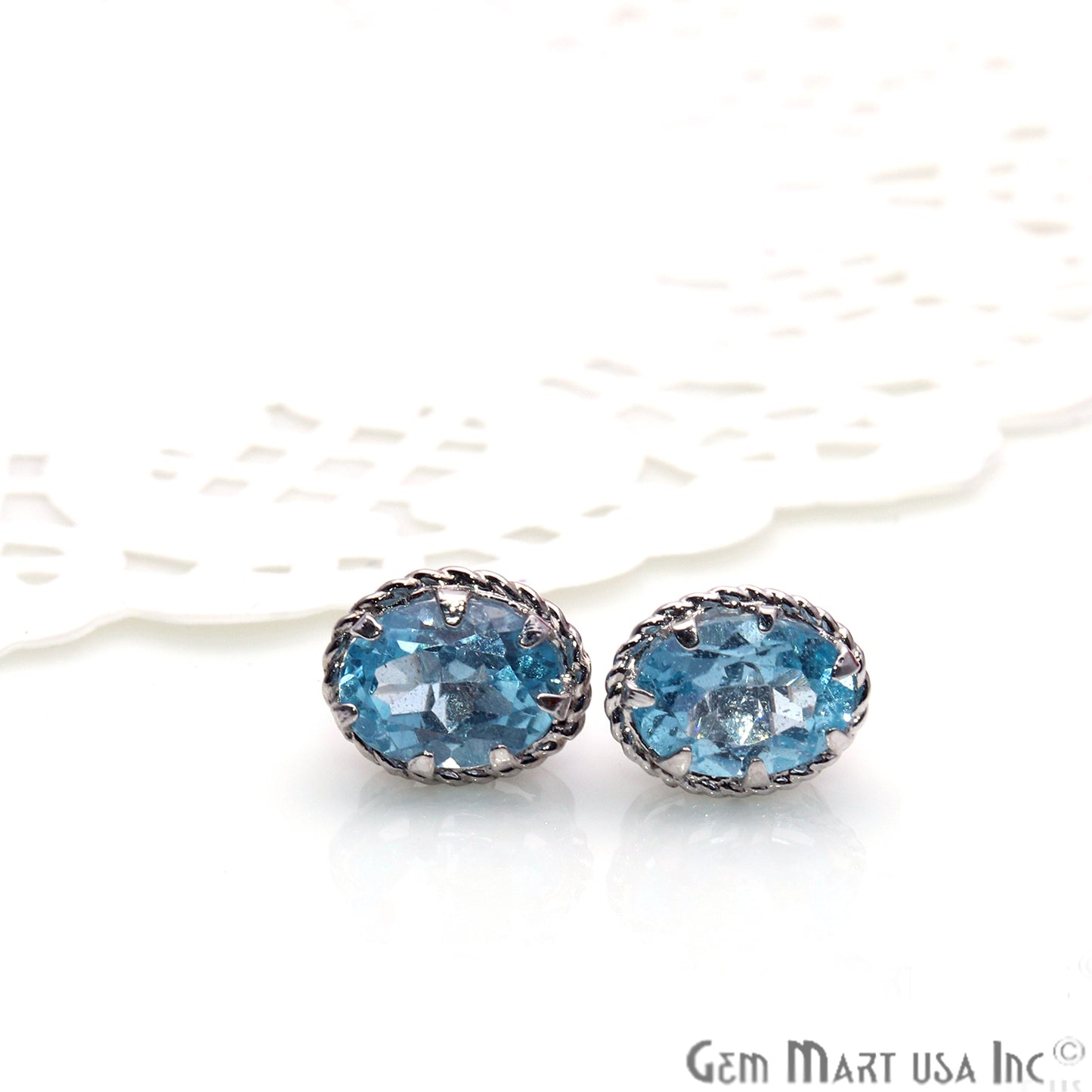 Blue Topaz 6x8mm Sterling Silver Oval Shape Prong Setting Stud Earring - GemMartUSA