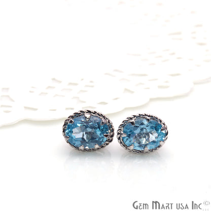 Blue Topaz 6x8mm Sterling Silver Oval Shape Prong Setting Stud Earring - GemMartUSA